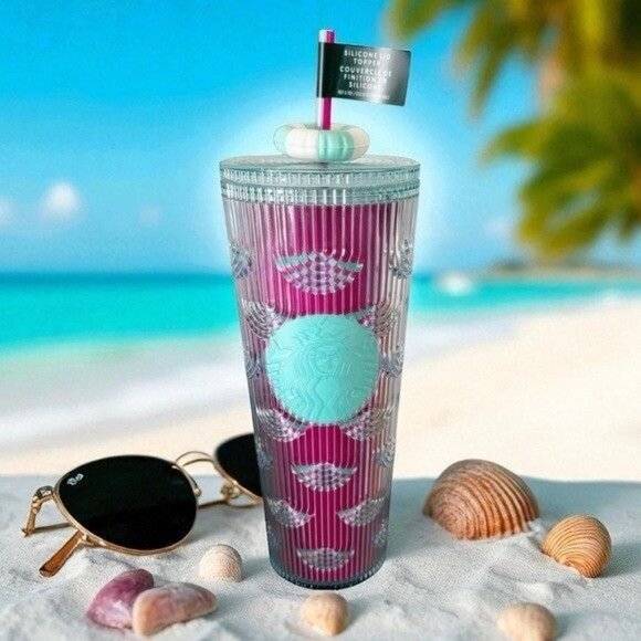 Starbucks Summer 24 Oz Tumbler Silicone Lid Topper & Straw Textured Aqua & Pink - Picture 10 of 10